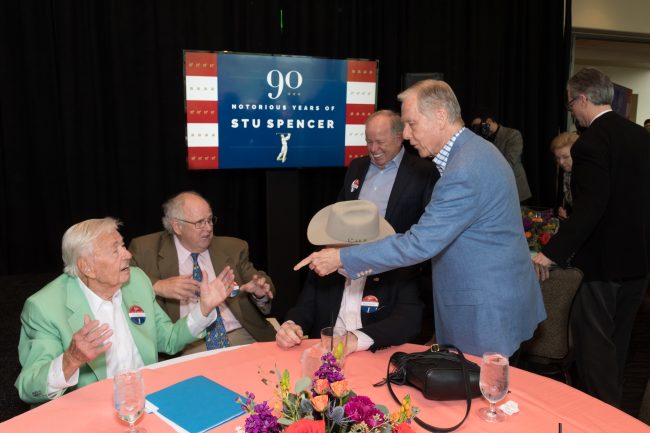 Ex California governor Pete Wilson points toward Stu Spencer at 90th birthday celebration